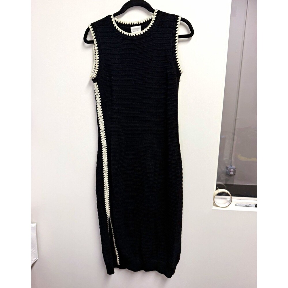 Varley Women’s L Black/Ivory Knit Cotton Midi Tank Dress Crochet Side Slit